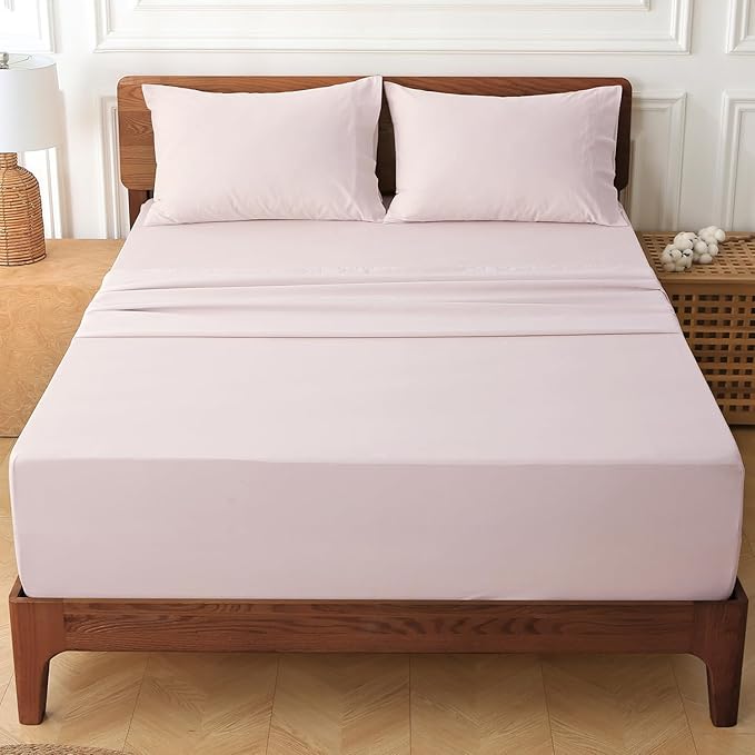 HYPREST Extra Deep Pocket Queen Sheet Sets Fits 18"-24" in Deep Mattress -100% Cotton Queen Sheet Set,Pink Hotel Luxury Soft Wrinkle Free Cooling Sheet Sets for Queen Bed Deep Pocket