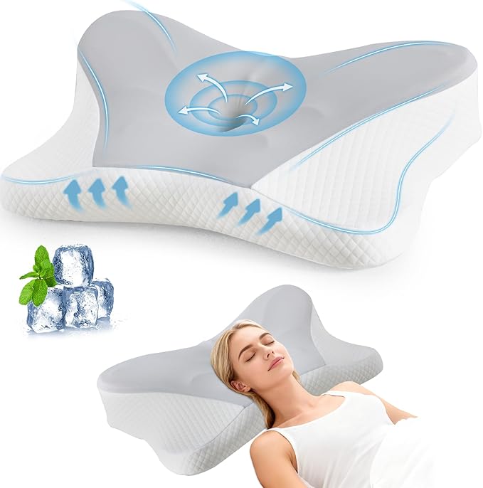 Sweetcrispy Cervical Pillow for Neck and Shoulder - Ergonomic Memory Foam Pillows, Contour Side Sleeper for Adults, Cooling Orthopedic Neck Support for Back Stomach Sleepers, King Size, Grey