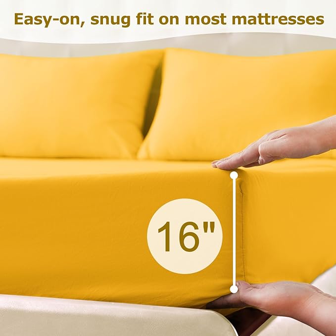 Full Size Bed Sheet Set - 4 Piece Soft Microfiber Sheets with Deep Pockets, Cooling Technology, and Wrinkle-Free Pillowcase. Hotel-Quality, Durable Bedding, Spectra Yellow