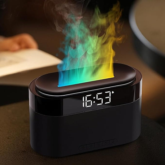 Aroma Diffuser with Flames & Digital Clock, 7 Colors Light Effect Fragrance Oil Diffuser, 150ml Humidifier with Remote Control, Clock Function, Timer, Waterless Auto-Off (Black)