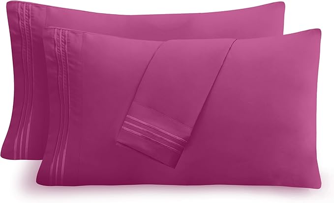 Mocassi 2-Piece Premium King Pillowcase Set 1800 Series Hotel Quality Microfiber - Soft and Breathable with 3-Line Embroidery Wrinkle and Stain Resistant, Easy Care, 20" x 40", Hot Pink
