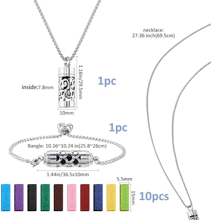 SUPERFINDINGS 2Styles Essential Oil Diffuser Necklace Bracelet Stainless Steel Aromatherapy Locket Column Pendant Set with 20Pcs Perfume Pads Adjustable Necklaces Bracelet for Christmas Birthday Gifts