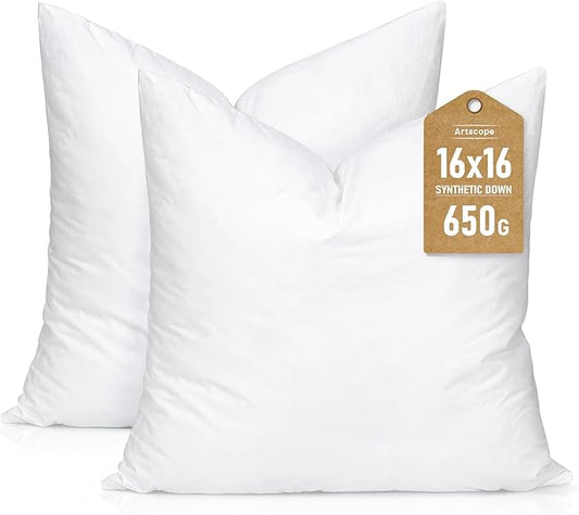 Artscope Synthetic Down Pillow Insert, 16x16 Down Alternative Throw Pillow Insert. Ultra Soft Fluffy Sleeping Pillow with 100% Cotton Cover, Decorative Pillows Set of 2-White.