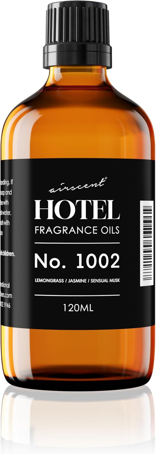 AirScent Hotel Diffuser Oil No. 1002 - Lemongrass Jasmine Amber - Hotel Scent Dupe - Premium Fragrance Oil for Ultrasonic and Waterless Diffusers and Crafting - 120 mL, 4 fl oz Glass Dropper Bottle
