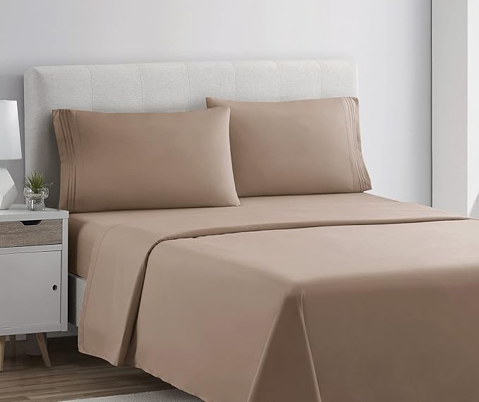 Clara Clark Bed Sheets, Premier 1800 Series 4 Piece Bed Sheet Set, Deep Pocket, Wrinkle, Fade, Stain Resistant, Luxury Soft Bedding Sheets & Pillowcases, California King, Taupe Sand