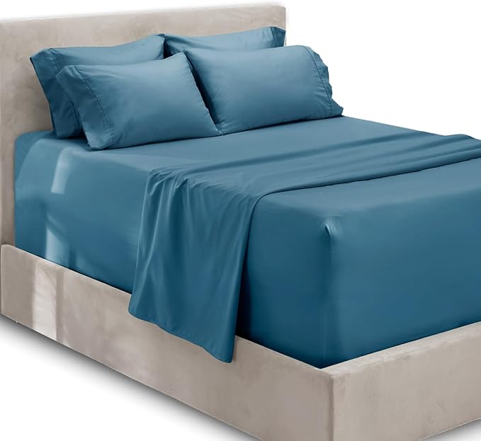 Hearth & Harbor Extra Deep Pocket Sheets - Fits Mattress 18-24 Inches Deep - Extra Deep Pocket Split King Size Sets - 7 Piece Split King Size - Blue Heaven