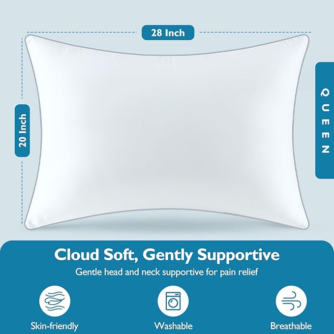 Adjustable Bed Pillows for Sleeping - Pillows Standard Size Set of 2, Soft & Fluffy Down Alternative Fill, Zippered Hotel Quality Pillows with Gray Piping, 110GSM Premium Cover, CertiPUR-US