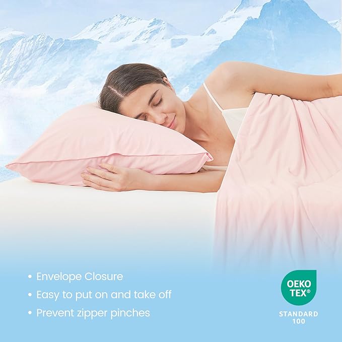 Cozy Bliss Cooling Pillow Cases for Hot Sleepers, Q-Max>0.45, Standard Size Set of 2, Soft & Silky Pillow Covers with Envelope Closure,Gift, Pink, 20x26 Inches