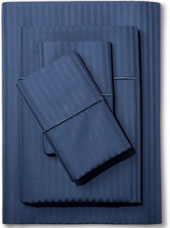 Feather & Stitch 500 TC Queen Size Damask Bed Sheet Set, 100% Cotton Soft Breathable Bedsheets, 4 Piece 18" Deep Pockets Sateen Weave Striped Bedding Mattress Resort Hotel Luxury - (Dark Blue Stripe)