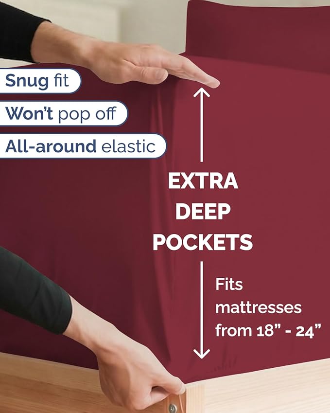 Extra Deep Twin XL Sheet Set - 4 Piece Breathable and Cooling Sheets - Hotel Luxury Bedding for Women, Men, Kids & Teens - Easy Secure Fit - Soft, Wrinkle Free & Comfy - Extra Deep Pockets - Burgundy