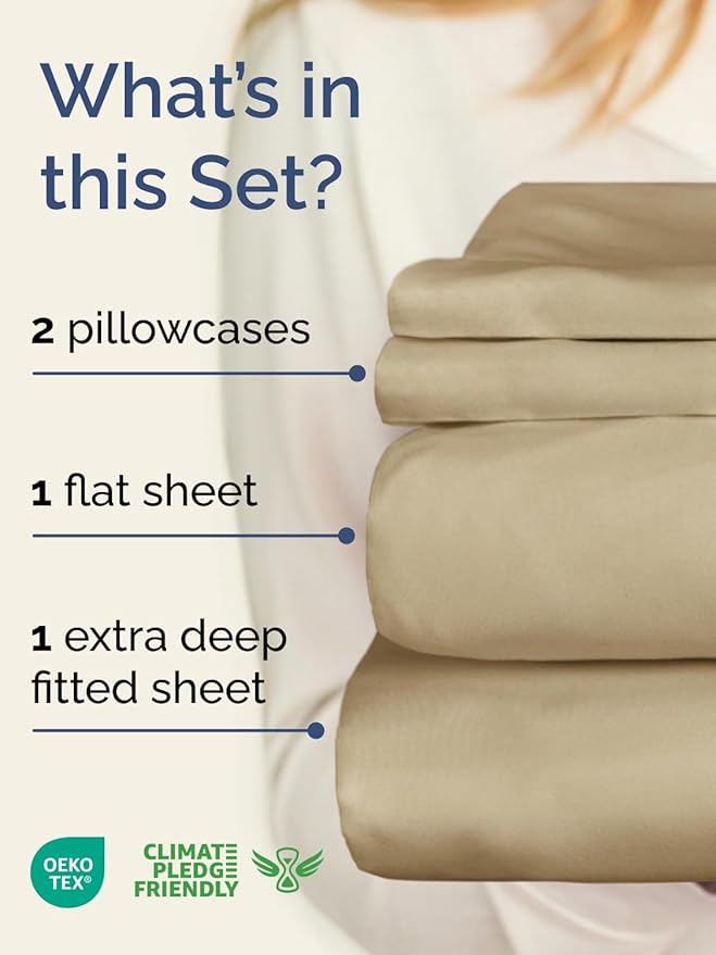 Extra Deep King Sheet Set - 4 Piece Breathable & Cooling Bed Sheets - Easily Fits 18 to 24 inch Mattress - Ultra Soft, Wrinkle & Fade Free w/ Extra Deep Pockets - Comfy Hotel Luxury Bedding - Beige