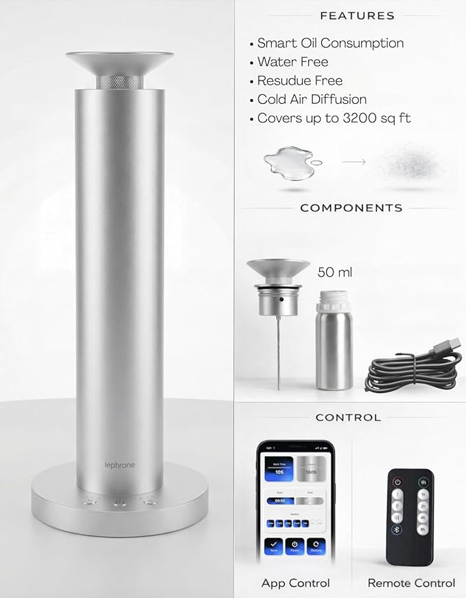 Waterless Essential Oil Diffuser with Smart App | Nebulizer, Aroma Diffuser, Fragrance, Scent Air Machine, 50 ml, Remote, Cold Air Diffuser, Aromatherapy for Home Scenting, Portable