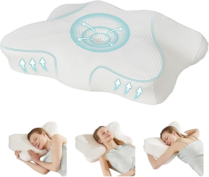 Sweetcrispy Cooling Ergonomic Memory Foam Cervical Pillow for Neck and Shoulder, Orthopedic Neck Support for Back Stomach Sleepers, Contour Side Sleeper for Adults, King, White