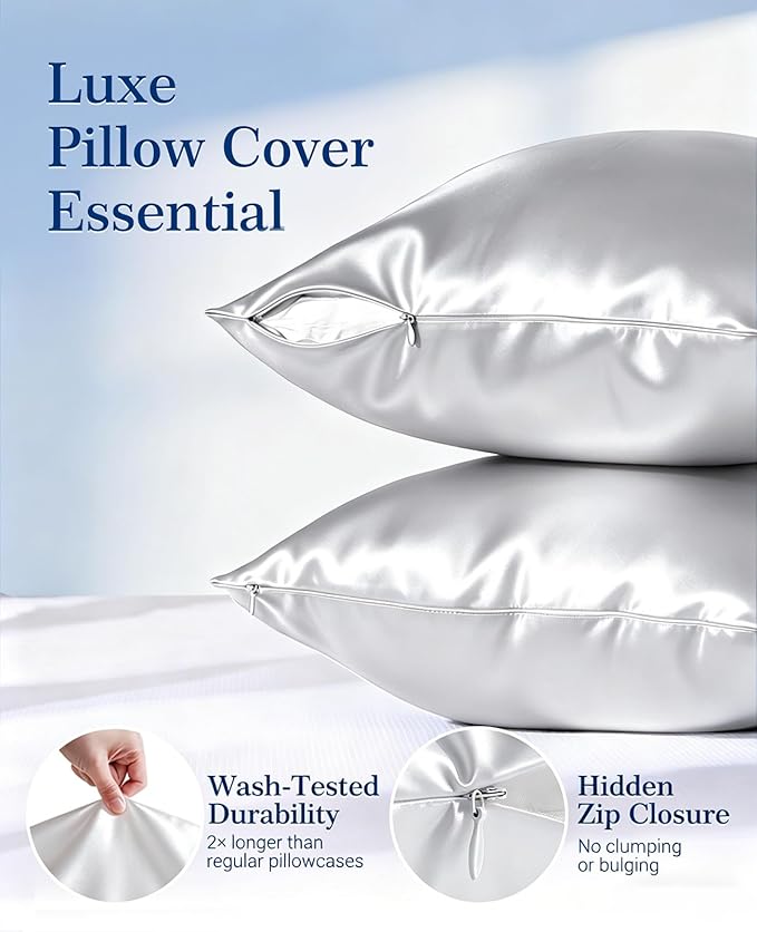 Elegear Cooling Pillow Cases Set of 2 for Hot Sleepers, Softer Than Silk Pillow Cases for Hair & Skin,Upgraded Arc-Chill Cooling Satin Pillowcases Q-max>0.5, Luxury Zipper Pillowcase Cover -Queen,Gray