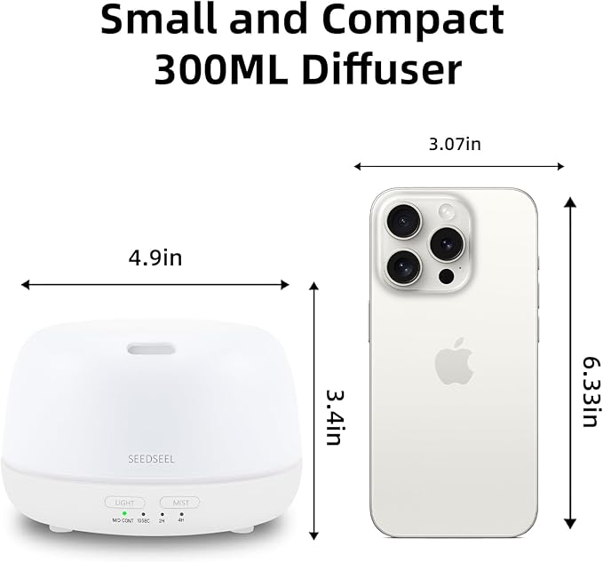 SEEDSEEL 300ML Essential Oil Diffuser with Remote Control, Aromatherapy Diffuser with 7-Color Changing LED Light for Small Rooms, Office, and Home