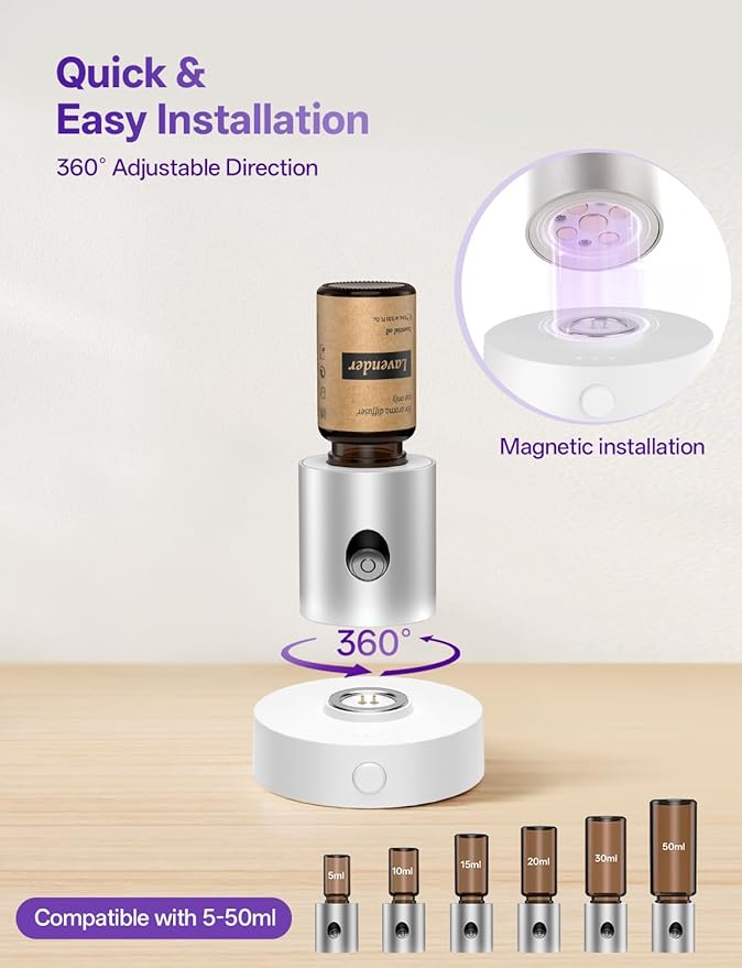Mini Waterless Nebulizing Essential Oil Diffuser with 10ml Lavender Oil for Aromatherapy, Small Portable with Air Mist and Scent for Home, Room, Hotel, Desk, Office, Travel - Silver