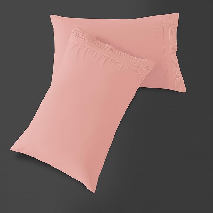 Mocassi 2-Piece Premium Standard/Queen Pillowcase Set 1800 Series Hotel Quality Microfiber - Soft and Breathable with 3-Line Embroidery Wrinkle and Stain Resistant, Easy Care, 20" x 30", Peach Pink