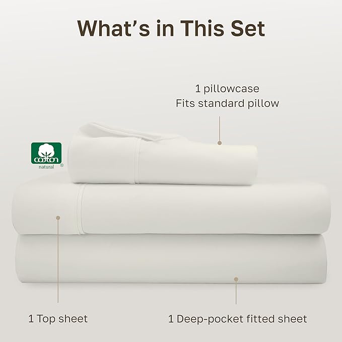 California Design Den Soft 100% Cotton Twin Sheet Set, 400 Thread Count Good Housekeeping Award Winner, Silky Sateen Weave, Long Staple Cotton Bed Sheet Set - Ivory (Pale Tone)