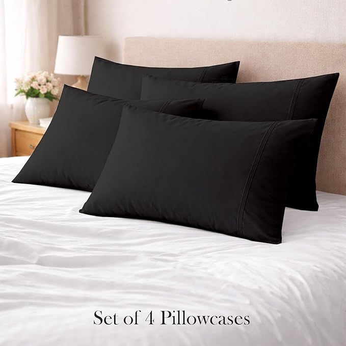400 Thread Count 100% Egyptian Cotton Queen Size Pillowcases Set of 4, Soft & Breathable Sateen Weave, Envelope Closure, Hotel Luxury Bed Linen, Durable & Fade Resistant, 20"x30", Black
