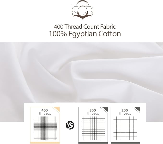 Pillow Protector King Size 100% Egyptian Cotton Pillow Covers, 400 Thread Count Sateen Weave Cooling Pillow Cases with Zipper Hidden, Breathable Non Noisy Easy Care, Set of 2 (White)