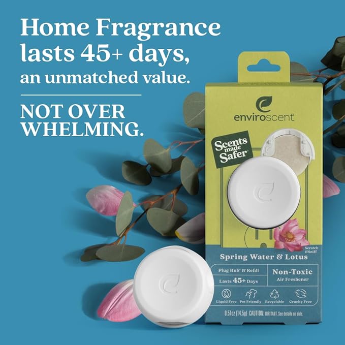 Enviroscent Non-Toxic Air Freshener Plug Hub® Warmer Refillable Kit - Refillable Plug-in Air Freshener - Home Fragrance Lasts Up to 45 Days - Mother’s Day Gift for Mom - Spring Water & Lotus Scent