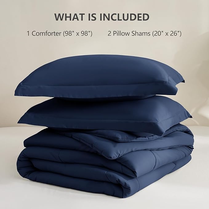CozyLux Oversized Queen Comforter Set, 3 Pieces Navy Blue 98x98 Box Stitched Design Soft Bedding Set, All Season Lightweight Breathable Bed Set with 1 Down Alternative Comforter and 2 Pillow Shams