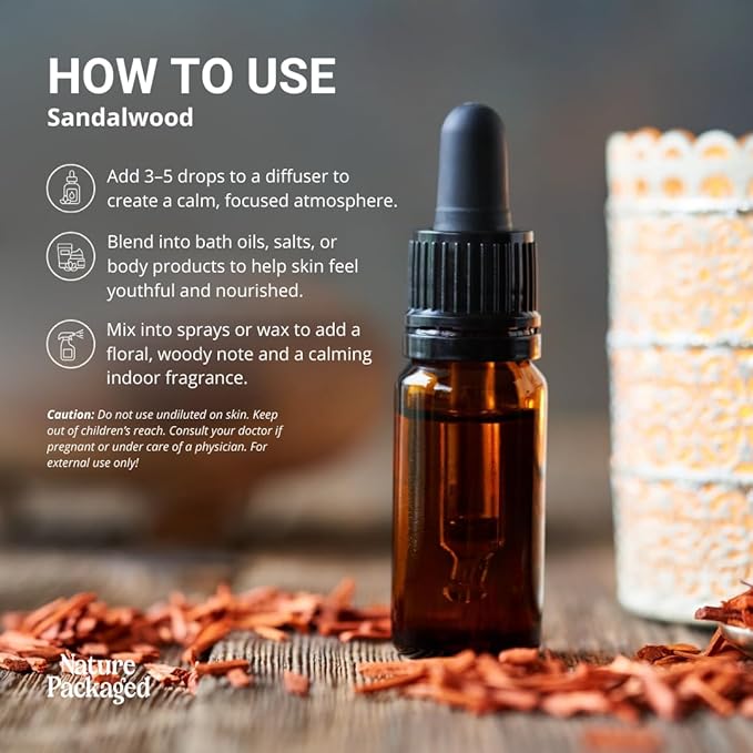Sandalwood Essential Oil - Direct from Australian Oils of Nature - Steam Distilled - Aceite Esencial de Sándalo for Aromatherapy, Massage, Diffuser, DIY Candle and Soap Making - 8oz