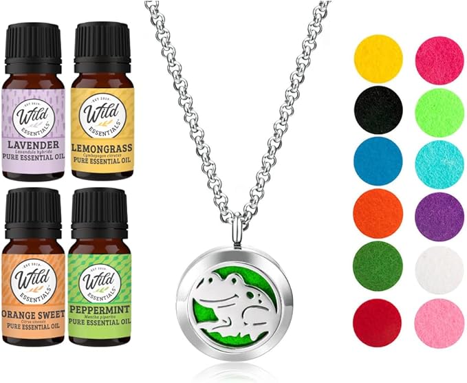 Wild Essentials Happy Frog Necklace Essential Oil Diffuser Kit with Lavender, Lemongrass, Peppermint, Orange Oils, 12 Refill Pads, Calming Aromatherapy Gift Set, Customizable Color Changing, Perfume