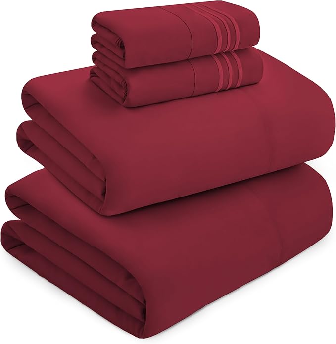 Mocassi Luxury RV Short 4-Piece Sheet Set - 1800 Premium Hotel Quality - Easy-Fit, Wrinkle, Fade Resistant Bed Sheets and Pillowcases - All Around Elastic Fitted Sheet, Deep Pocket, Burgundy