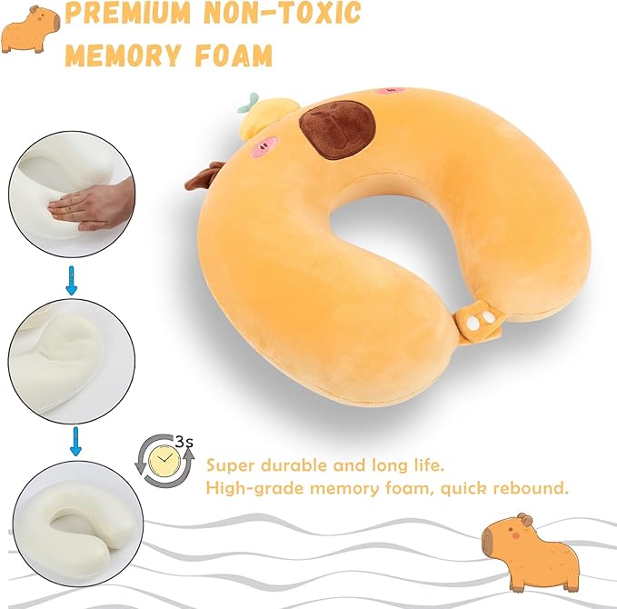 Travel Pillow, Kids Travel Pillow with Sleep Eye Mask Soft Memory Foam Kids Neck Pillow for Boys & Girls, Travel Accessories for Car Airplane Traveling - Capybara