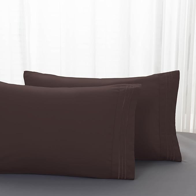 Mocassi 2-Piece Premium Standard/Queen Pillowcase Set 1800 Series Hotel Quality Microfiber - Soft and Breathable with 3-Line Embroidery Wrinkle and Stain Resistant, Easy Care, 20" x 30", Brown