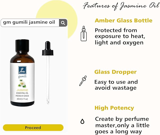 GM Gumili Jasmine Essential Oil, Fragrance Oil Scent Oils for Soap, Dryer Balls, Diffusers, Laundry, Bath Salts - 1 oz/30ml