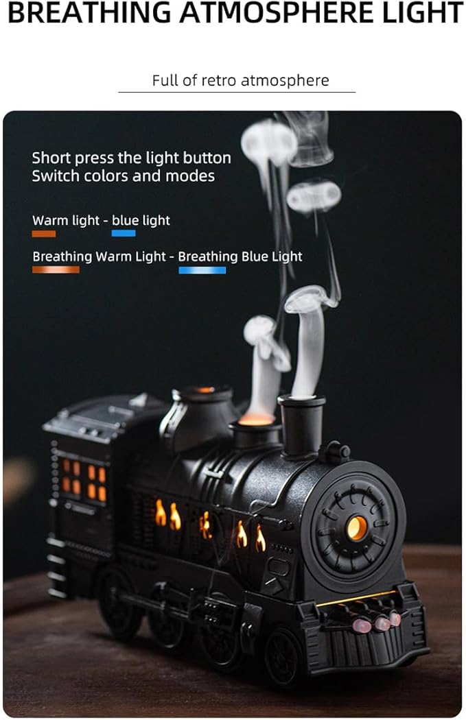 300ml Vintage Steam Train Essential Oil Diffuser, Humidifier with Dual-Color LED Light, Ultra-Quiet Aromatherapy, Auto Shut-Off, Adjustable Mist Modes, for Home, Office