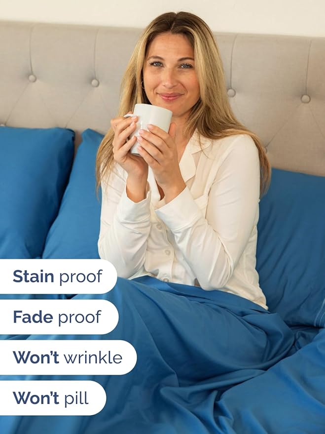 Extra Deep Cal King Sheet Set - 4 Piece Breathable & Cooling Bed Sheets - Easily Fits 18 to 24 inch Mattress - Ultra Soft, Wrinkle & Fade Free w/ Extra Deep Pockets - Hotel Luxury Bedding - Denim Blue