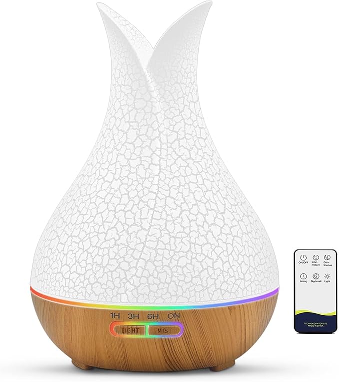 Essential Oils Diffuser, 500 ml Ultrasonic Aromatherapy Diffuser with 7 Ambient Lights 4 Timer Remote Self-Switching Off Waterless, Humidifier Diffuser for Home Large Room
