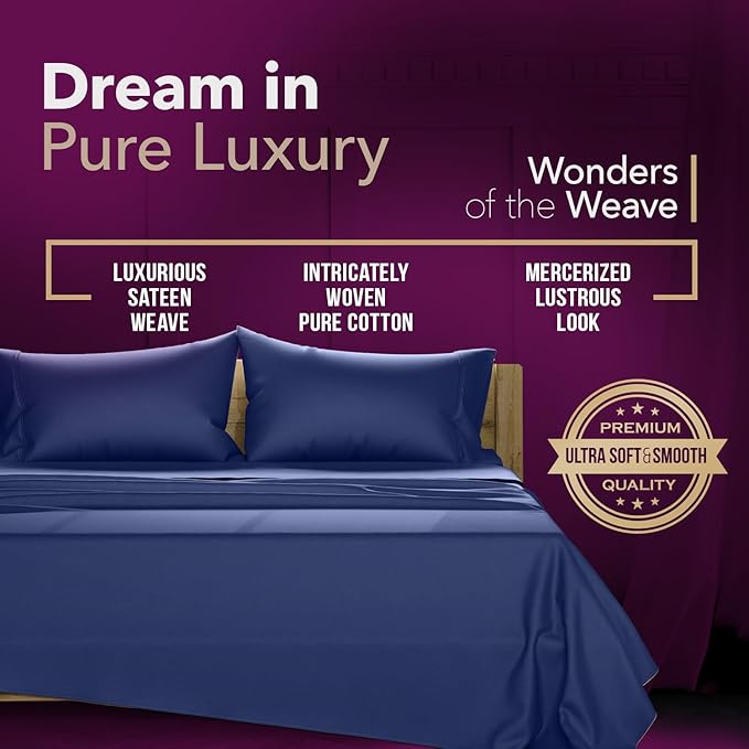 TEXAS LINEN CO. 100% Egyptian Cotton Queen Sheets Set - Luxury 1200 Series Star Sleepin' Collection Egyptian Cotton Sheets Queen Size (4 PC, Navy Blue), 17" Deep Pocket, Cooling Sateen Hotel Bedding