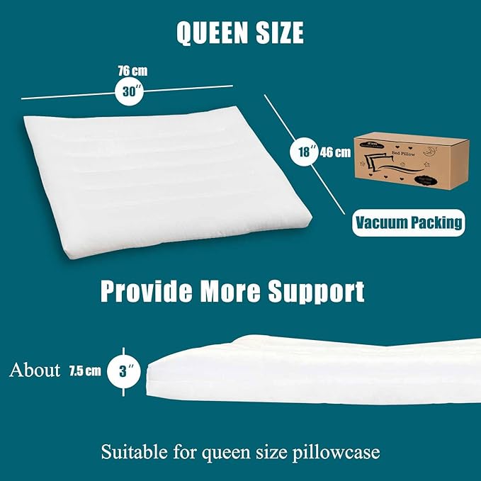 Ultra Flat Thin Pillows for Sleeping Queen Size, 3" High Slim Bed Pillow for Back Stomach Sleepers Down Alternative Filling Hypoallergenic White 18x30 in