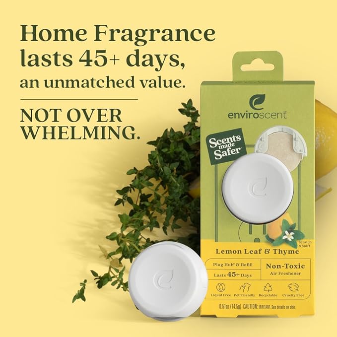 Enviroscent Non-Toxic Air Freshener Plug Hub® Warmer Refillable Kit - Refillable Plug-in Air Freshener - Home Fragrance Lasts Up to 45 Days - Mother’s Day Gift for Mom - Lemon Leaf & Thyme Scent