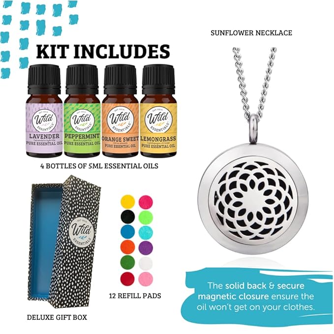 Wild Essentials Sunflower Necklace Essential Oil Diffuser Kit with Lavender, Lemongrass, Peppermint, Orange Oils, 12 Refill Pads, Calming Aromatherapy Gift Set, Customizable Color Changing, Perfume