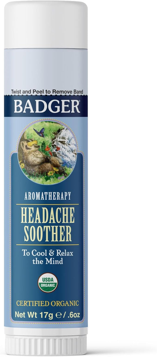 Badger Headache Soother, 100% Organic Essential Oil Aromatherapy, All-Natural Headache Relief w/Peppermint, Eucalyptus & Lavender, .6 oz