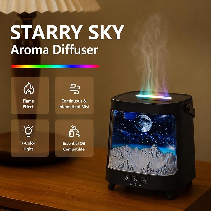 Flame Aroma Diffuser with Remote Control, 200ml Quiet Essential Oil Humidifier with 7 Color Lights, 2 Mist Modes, 3 Timer Settings, Auto Shut-Off, Compact Gift for Home, Office