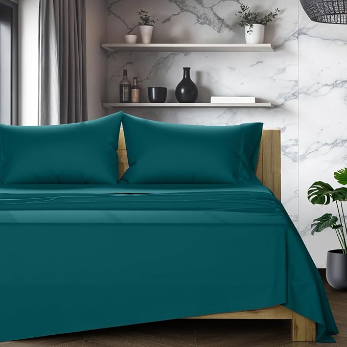 TEXAS LINEN CO. 100% Egyptian Cotton Queen Sheets Set - Luxury 1200 Series Star Sleepin' Collection Egyptian Cotton Sheets Queen Size (4 PC, Teal), 17" Deep Pocket, Cooling Sateen Hotel Bedding Set
