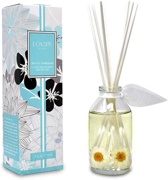 Reed Diffuser Set, White Gardenia Scented Oil Diffuser with Sticks, Home Fragrance Accessories for Bathroom Shelf Decor, Aroma Diffusers for Home or Office Desk, USA Made