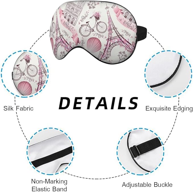 Paris Symbols Sleep Mask Eye Mask Romantic Trip Balloon Bike Pink Sleep Mask Light Blocking Adjustable Smooth Soft Eye Masks for Women Deep Rest Travel