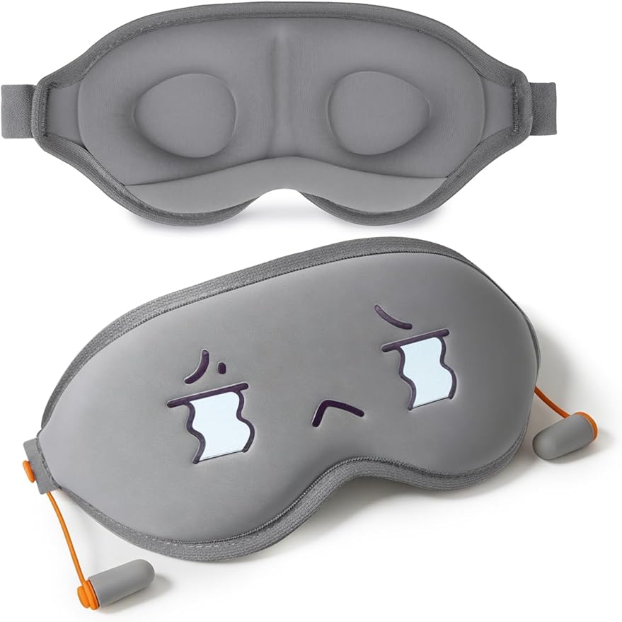 3D Blackout Sleep Mask with Ear Plugs Adjustable Soft Travel Eye Mask for Airplane & Night Sleeping Grey
