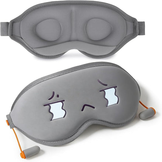 3D Blackout Sleep Mask with Ear Plugs Adjustable Soft Travel Eye Mask for Airplane & Night Sleeping Grey