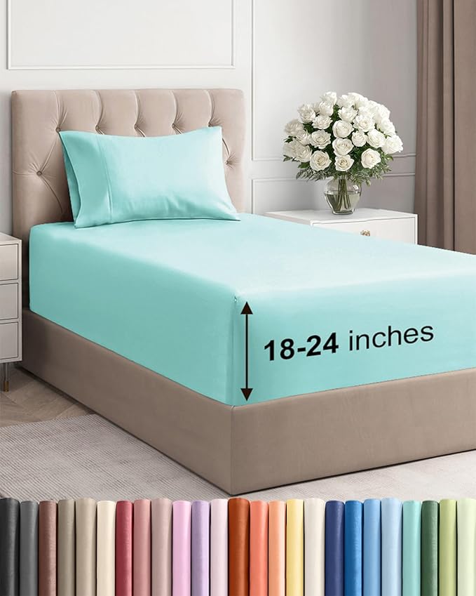 Extra Deep Twin Sheet Set - 3 Piece Breathable & Cooling Bed Sheets - Easily Fits 18 to 24 inch Mattress - Ultra Soft, Wrinkle & Fade Free w/ Extra Deep Pockets - Comfy Hotel Luxury Bedding - Spa Blue