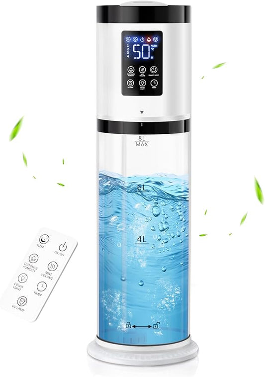 8L Humidifiers for Bedroom, 30dB Quiet, 500ft² Coverage, 60H Runtime, Top Fill, 3-in-1 Humidifier Large Room & Essential Oil Diffuser & Ambient Light, Sleep Mode, 16H Timer, Auto Shutoff Protection