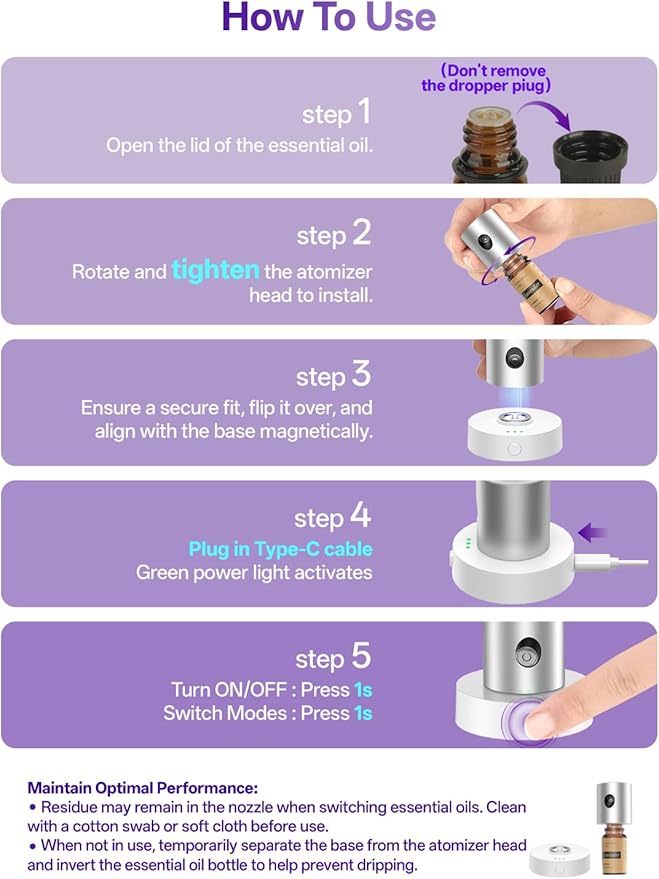 Mini Waterless Nebulizing Essential Oil Diffuser with 10ml Lavender Oil for Aromatherapy, Small Portable with Air Mist and Scent for Home, Room, Hotel, Desk, Office, Travel - Silver