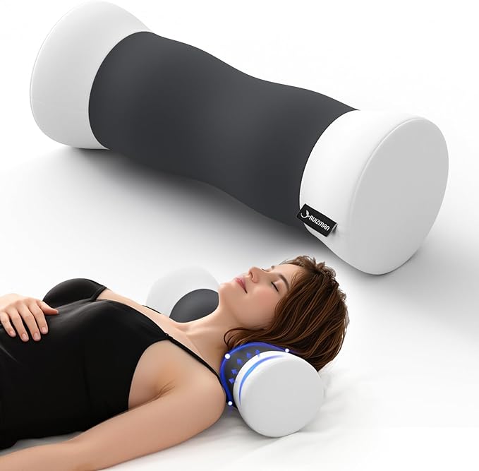 Neck Roll Pillow - Memory Foam Round Neck Pillow for Sleeping - Cooling Cover Cervical Roll Pillow - Ergonomic Bolster Pillow for Neck, Leg, Back, Yoga, Relaxing (Grey White)